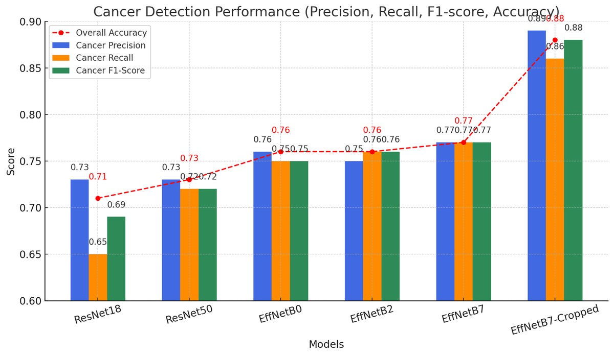 皮肤癌分类模型性能图，比较 ResNet 与 EfficientNet precision、recall、F1-score 和 accuracy